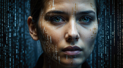 Mujer joven con proyecciones de  digitales futuristas de código fuente.