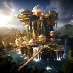 A floating island resort with waterfalls made of light - obrazy, fototapety, plakaty