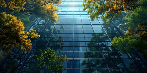 Promoting Sustainability: Eco-Friendly Glass Office Building in a Tree-Lined City. Concept Sustainability, Eco-Friendly, Glass Office Building, Tree-Lined City, Promoting