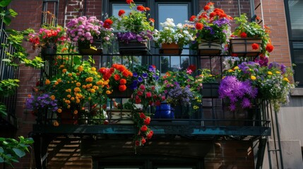 Fototapeta na wymiar Colorful Flowers Overflow on Balcony