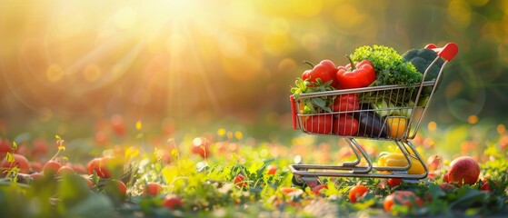 An empty grocery cart full of fresh groceries, a concept for grocery shopping - obrazy, fototapety, plakaty