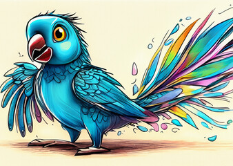 Cartoon parrot with wings. A blue baby parrot with colorful iridescent tail feathers.