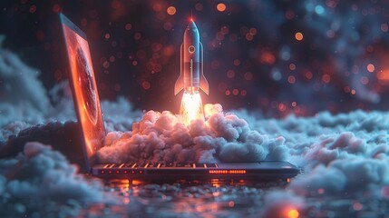 A rocket blasting off from a laptop amidst clouds and glowing bokeh lights