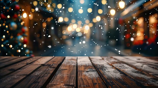 An epic photo of a wooden floor in the snowy season. Christmas-themed background.