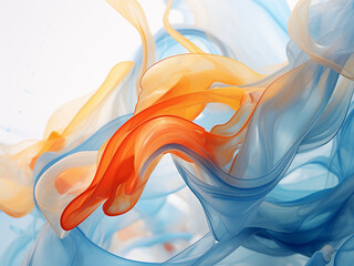 Abstract artwork showcases blue and orange oil paint strokes.