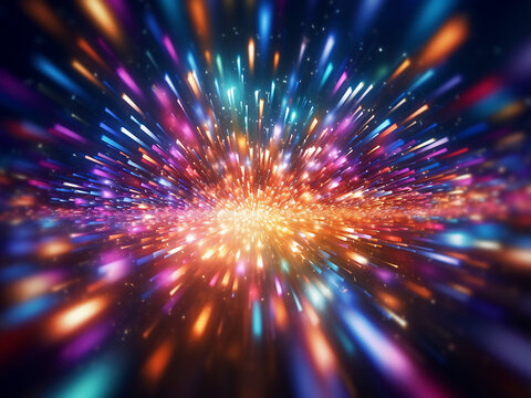 Shiny multicolored particles explode, resembling a laser show.
