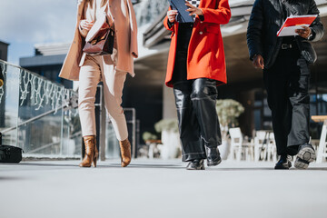 Stylish businesspeople walking outdoor in urban setting.