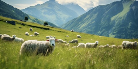Sheep graze on a pasture against the backdrop of mountains Generative AI - obrazy, fototapety, plakaty