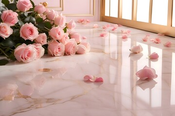 the reflection of pink roses on the marble floor