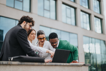 Diverse group of startup colleagues collaborating on a new project during an outdoor meeting in an urban setting.