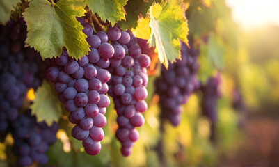 Naklejka premium Closeup of blue grapes growing in the vineyard