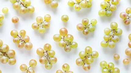 Inset of Shine-Muscat grapes and cut Shine-Muscat grapes against a white background. White grapes. Japanese grapes. View from above.