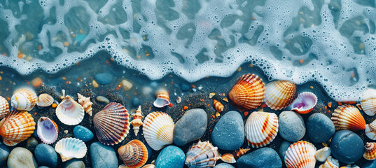 Background of seashells and stones on the beach