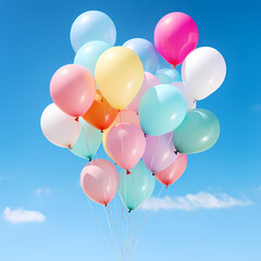A series of colorful balloons against a blue sky. 