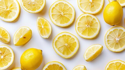 A white background is dominated by fresh juicy lemons sliced in half