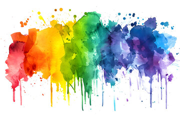 Vibrant rainbow watercolor splatter design on white background.