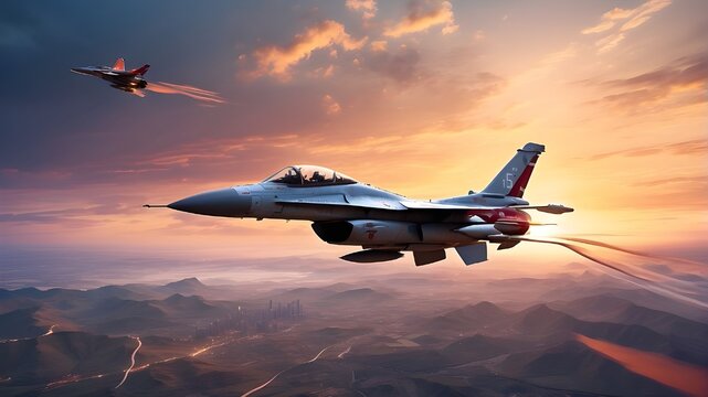 "Digital illustration depicting an F16 jet fighter soaring through the sky at sunset, with a sense of speed conveyed through dynamic lines and vibrant colors. The cities below are stylized with a mix 