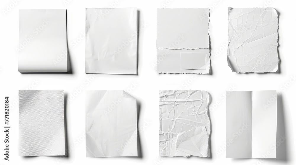 Poster there is a collection of blank white paper on a white background. each one is individually shot