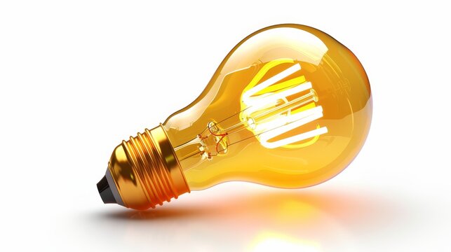 The light bulb is turned on, Realistic photo image of a glowing yellow light bulb isolated on a white background
