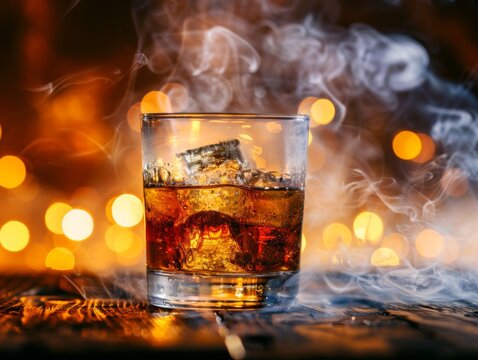 Elegant glass of amber whiskey with ice on a wooden table with a glowing background. Glowing amber whiskey in an elegant glass with ice cubes rests on a wooden table. 