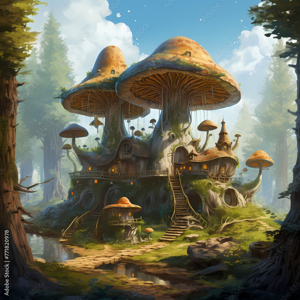 Canvas Prints Giant mushrooms serving as homes in a magical forest