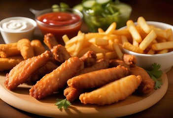 A Triad of Tempting Treats – Crispy Wings, Golden Rings, and Crunchy Fries, United in Delicious Harmony - obrazy, fototapety, plakaty