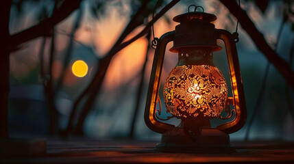 Antique lantern glowing with bright orange light, AI Generative.
