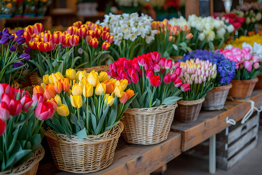 Colourful fresh tulips in woven basket on sale in flower market. Assortment of fresh spring flowers in in store of shop. Showcase. Floral shop and delivery concept