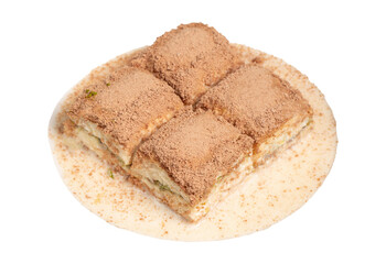 Cold baklava with pistachios isolated on white background. Turkish cuisine delicacies. Ramadan Dessert. local name soğuk baklava
