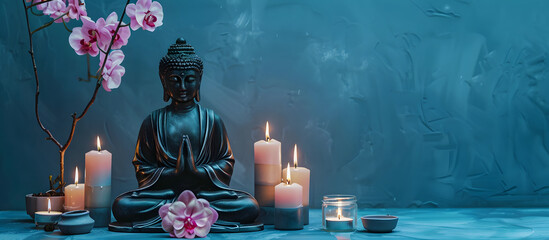 A serene scene with a Buddha statue, flickering candles, and delicate orchids against a textured blue backdrop. Happy Vesak Day Concept