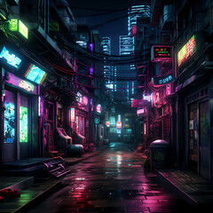 Neon-lit cyberpunk alleyway. 