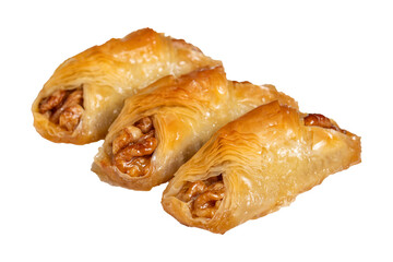 Walnut baklava. Baklava with whole walnuts and cream isolated on white background. Local name cevizli kelebek baklava