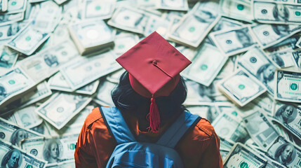 Graduate Woman Surrounded by College Tuition Money, To convey the high cost of college tuition and the financial responsibility that comes with