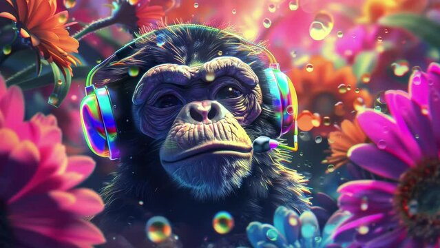 sequence of monkeys with headphones, made with artificial intelligence 