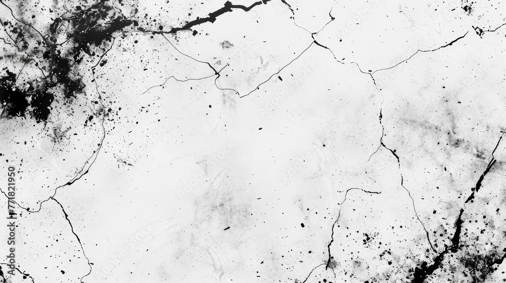 Fototapete The background is a black and white abstract with a monochrome texture of dots, cracks, dust, and stains. A pattern that can be used for printing and design.