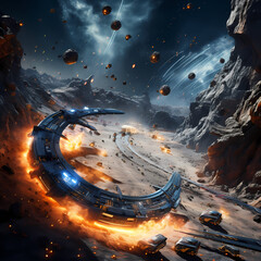 Starship race through an asteroid belt. 