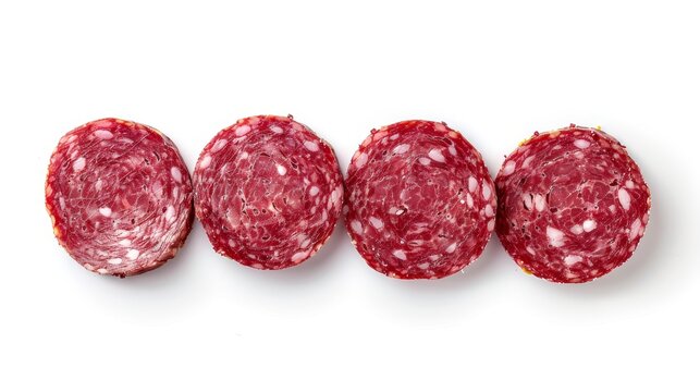 A top view of sliced salami sausages on a white background.