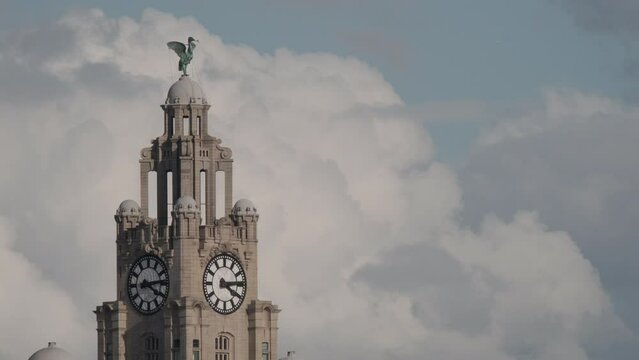 The Liver Building seen through telephoto lens with clouds in background