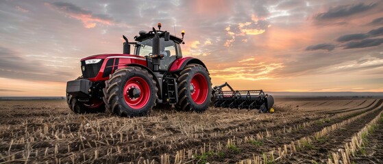 A red tractor plows at dusk