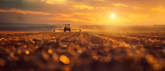In early spring of agricultural works on farmlands, a farmer prepares land with seedbed cultivator as part of pre seeding activities. - obrazy, fototapety, plakaty