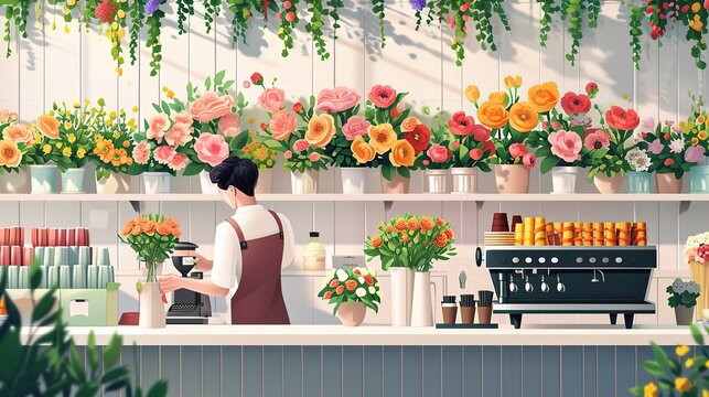 Florist shop with a variety of flowers and a barista making coffee in the background. The image shows a florist shop with a variety of flowers, including roses, lilies, and tulips. 