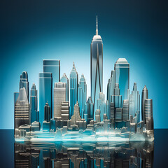 A city skyline with skyscrapers made of crystal clear material
