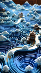 Obraz premium Layered Paper Art of Ocean Waves with Pagodas