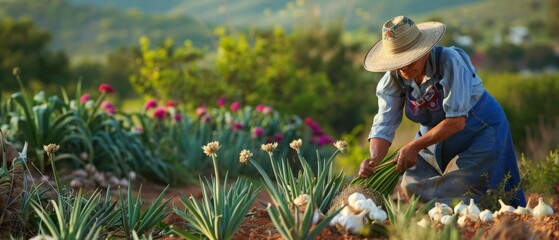 Herbiculturist picking garlic in garden of Mexican woman - obrazy, fototapety, plakaty