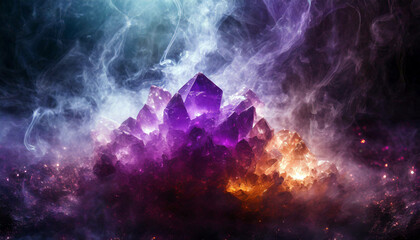 Mystical amethyst crystals with smoke on dark background and dramatic light with fog around