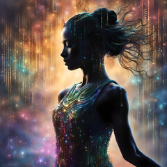 A fusion of technology and art, the upper body portrait of a colorful iridescent silhouette of a flawless classical dancer on a background of bits and bytes