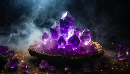 Poster Majestic glowing amethyst minerals with smoke on dark background and dramatic light with fog around © Adrianna