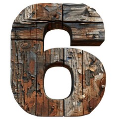 A rustic weathered wood number 6 isolated on white. Made of old wood with a rough texture, natural brown color, knots. Simple font, well-lit, suitable for stock photos.