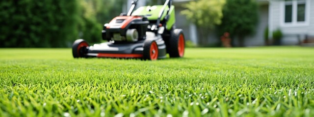 A modern lawn mower mows a green lawn on a sunny day. Green background with lawn mower with copy...