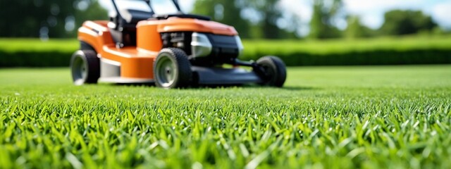 A modern lawn mower mows a green lawn on a sunny day. Green background with lawn mower with copy space.
